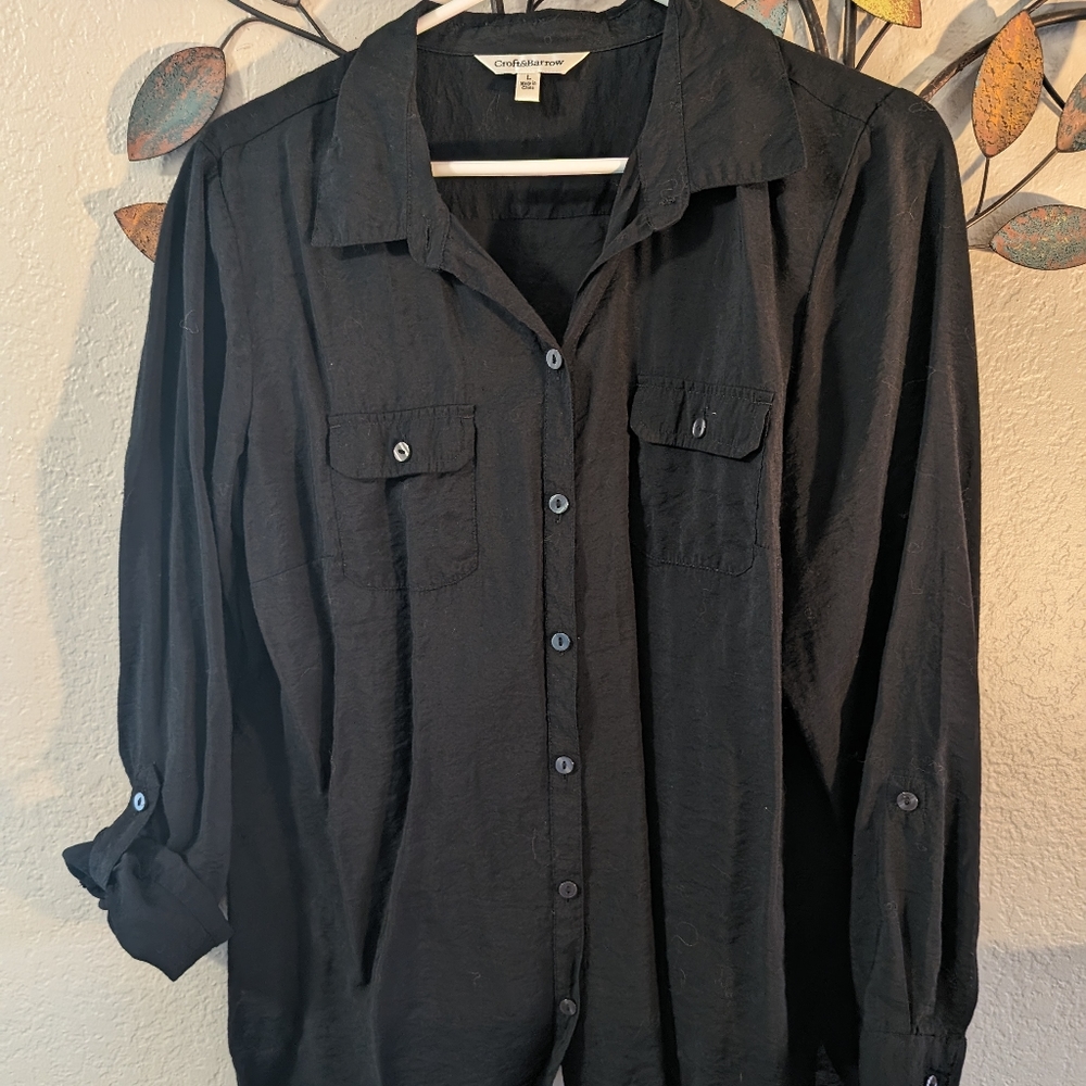 Croft & Barrow - Button Up, Roll Tab Sleeve, BLACK - Size L Large
